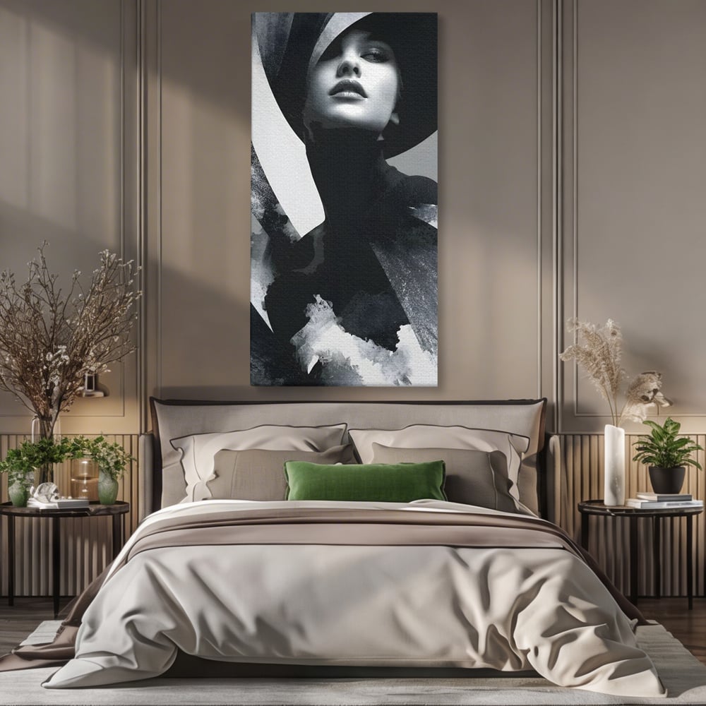 Tablou canvas cu tablou canvas cu portret artistic de femeie, fara rama, pe sasiu de lemn, pe perete intr-un dormitor